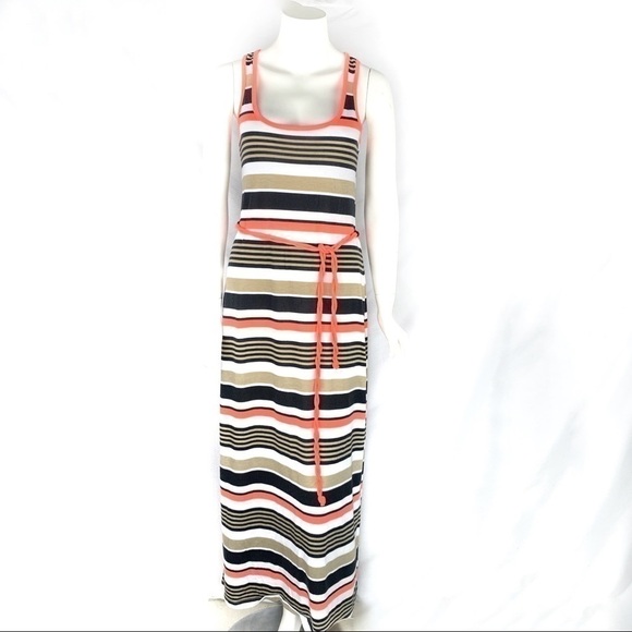 Euc-derek Heart Tan/Black Striped, Contrast Piping, Belted RacerBack, Maxi Dress - Picture 1 of 8